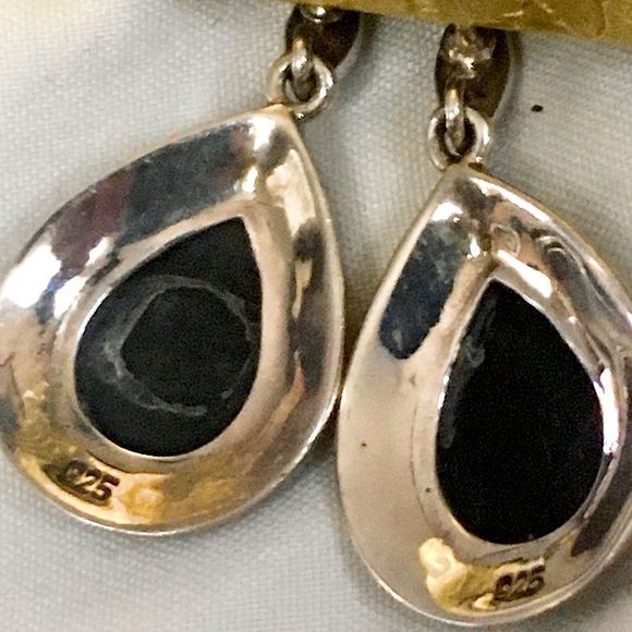 Vintage Onyx Marcasite Sterling Silver Tear Drop Shaped Earrings - Picture 6 of 8